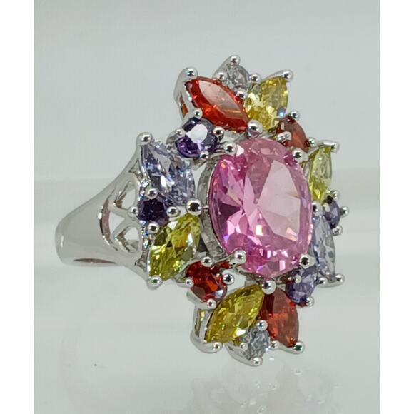 Vintage Ring Size 8 Silver Tone White Gold GP Pink CZ Diamond Cocktail - Picture 6 of 10